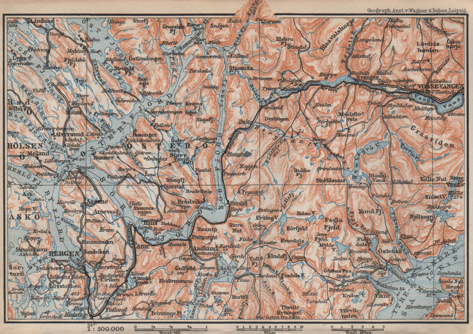 BERGEN-VOSSVANGEN.Sørfjorden. Topo-map. Norway kart. BAEDEKER 1899 old